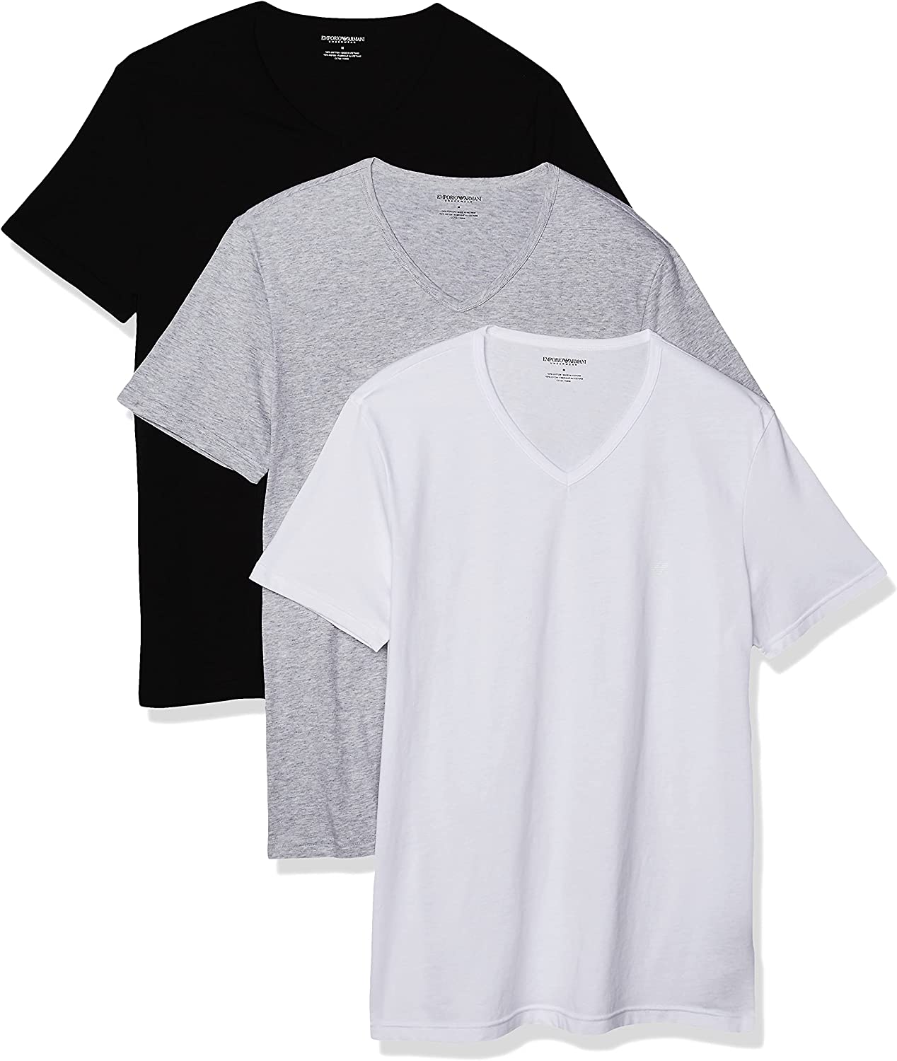 Emporio Armani Pure Cotton Men's V-Neck T Shirt, Pack of 3, Black, Grey, White - XL